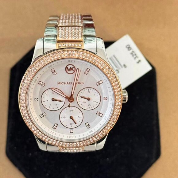 Michael Kors MK6827 Tibby White Chronograph Glitz Dial Two Tone Rose Gold/Silver - Picture 2 of 8